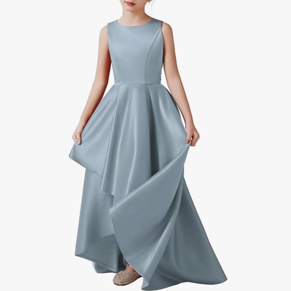 Dideyttawl Dusty Blue Satin Hi Lo Formal Dress for Girls Sleeveless A Line NWT